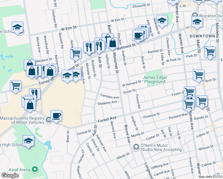 map of restaurants, bars, coffee shops, grocery stores, and more near 28 Wellington Street in Brockton