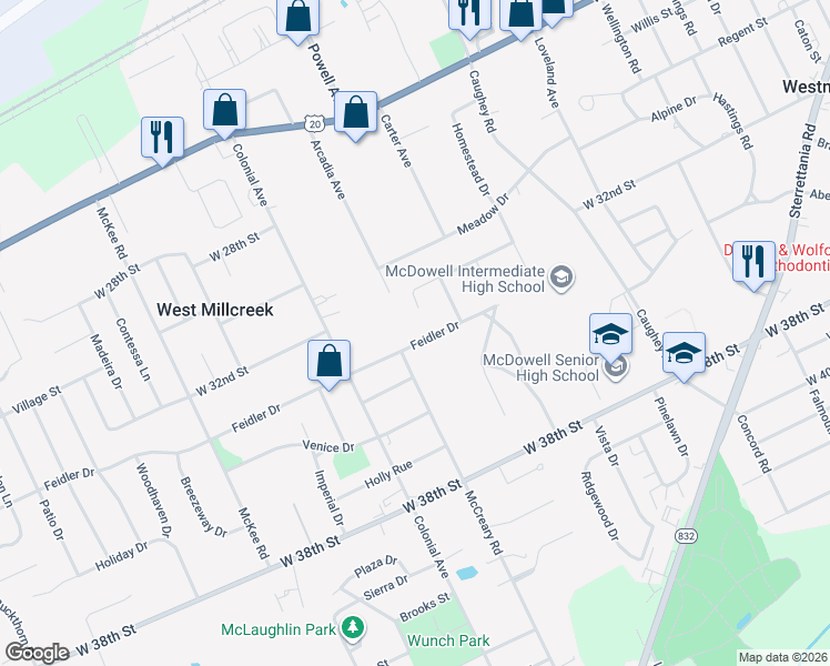 map of restaurants, bars, coffee shops, grocery stores, and more near 3841-3899 Feidler Dr in Erie