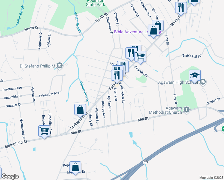 map of restaurants, bars, coffee shops, grocery stores, and more near 857 Springfield Street in Agawam