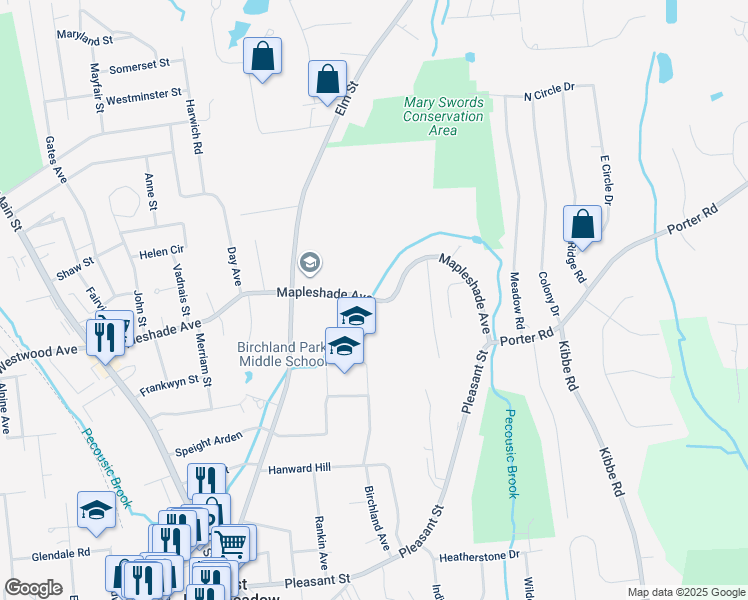 map of restaurants, bars, coffee shops, grocery stores, and more near 175 Mapleshade Avenue in East Longmeadow