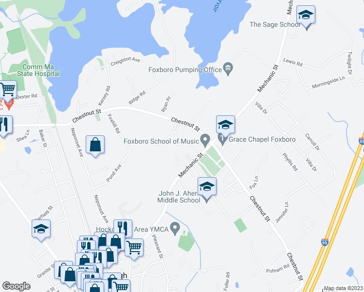 map of restaurants, bars, coffee shops, grocery stores, and more near 8 Margaret Road in Foxborough