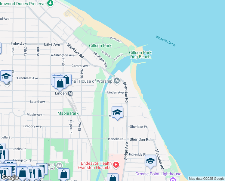 map of restaurants, bars, coffee shops, grocery stores, and more near 112 Linden Avenue in Wilmette