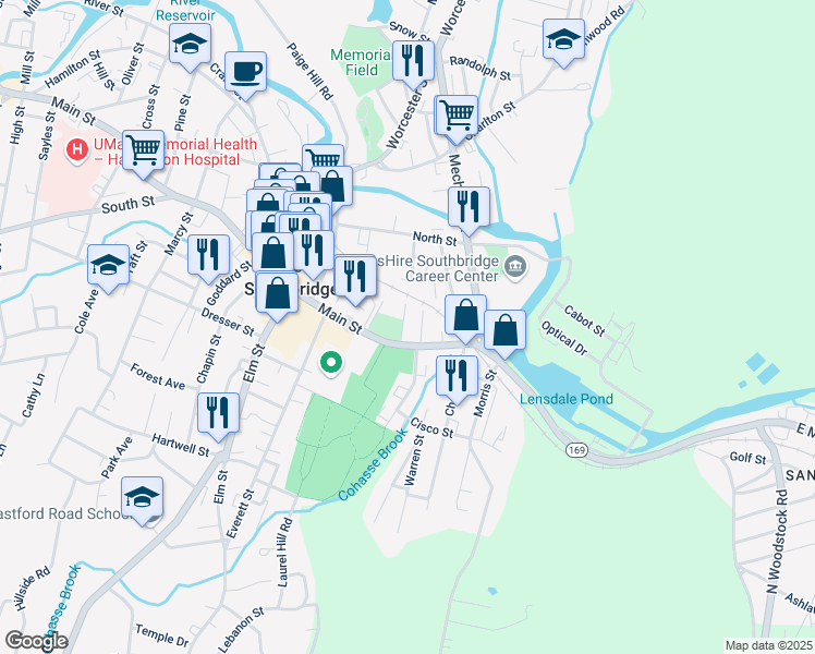 map of restaurants, bars, coffee shops, grocery stores, and more near 18 Walnut Street in Southbridge