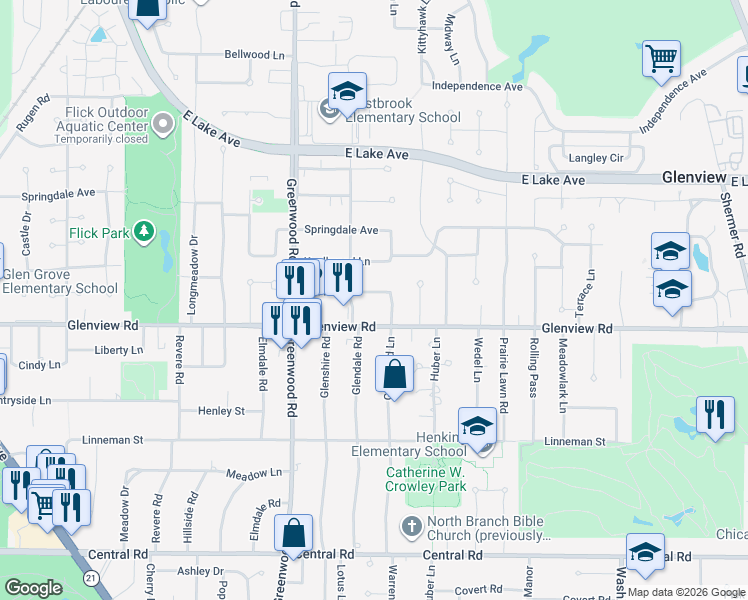 map of restaurants, bars, coffee shops, grocery stores, and more near 1006 Glenwood Lane in Glenview