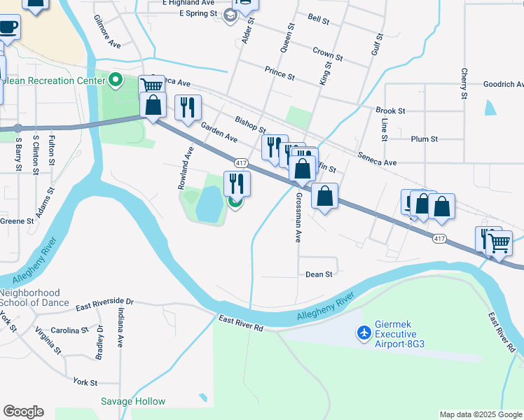 map of restaurants, bars, coffee shops, grocery stores, and more near 862R East State Street in Olean