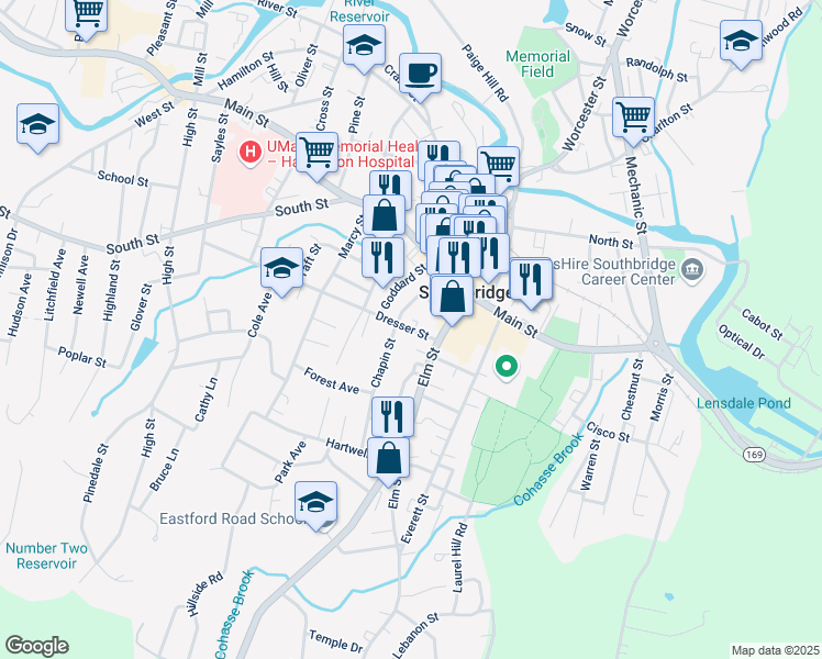 map of restaurants, bars, coffee shops, grocery stores, and more near 28 Dresser Street in Southbridge