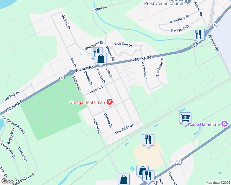 map of restaurants, bars, coffee shops, grocery stores, and more near 1750 Cole Drive in Erie