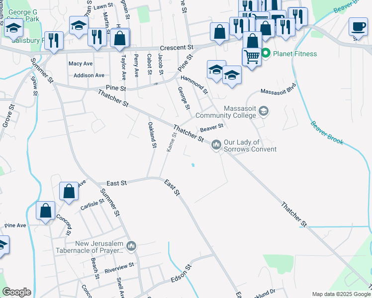map of restaurants, bars, coffee shops, grocery stores, and more near 215 Thatcher Street in Brockton
