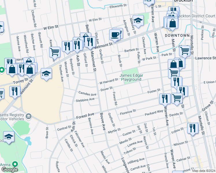 map of restaurants, bars, coffee shops, grocery stores, and more near 222 Dover Street in Brockton