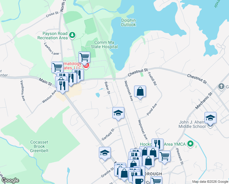 map of restaurants, bars, coffee shops, grocery stores, and more near 64 Baker Street in Foxborough