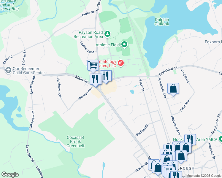 map of restaurants, bars, coffee shops, grocery stores, and more near 121 Main Street in Foxborough