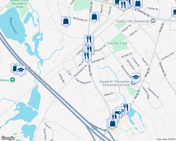 map of restaurants, bars, coffee shops, grocery stores, and more near 446 Union Street in Franklin
