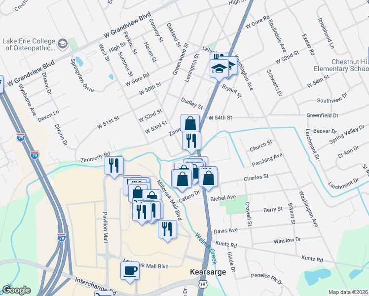 map of restaurants, bars, coffee shops, grocery stores, and more near 5401-5499 W 55th St in Erie