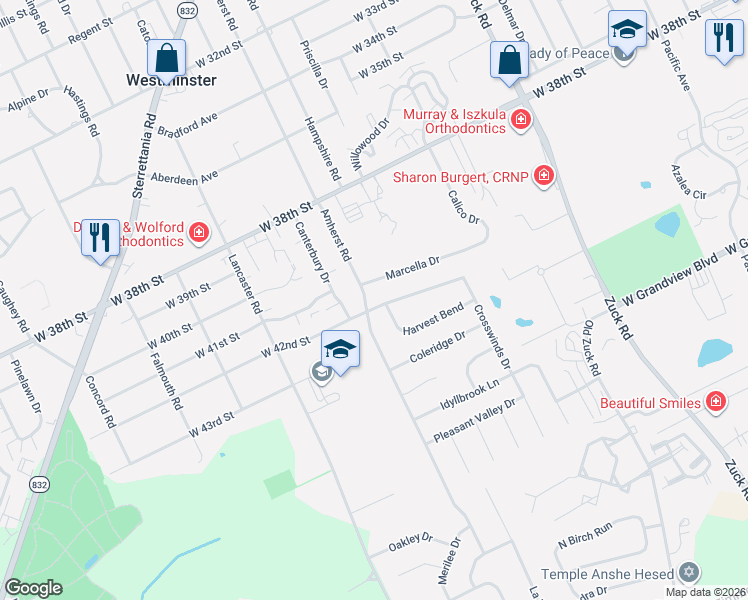map of restaurants, bars, coffee shops, grocery stores, and more near 4221-4299 Harvest Bend in Erie