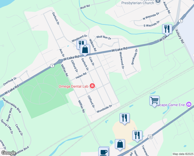 map of restaurants, bars, coffee shops, grocery stores, and more near 1750 Cole Drive in Erie