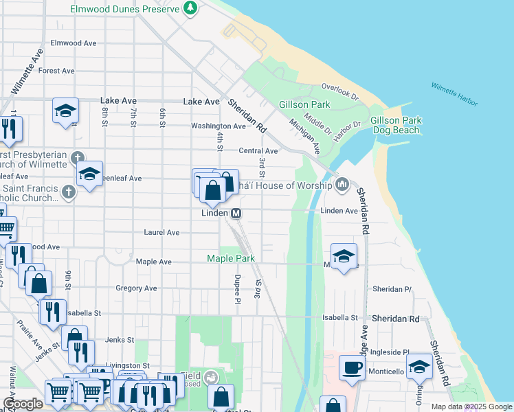 map of restaurants, bars, coffee shops, grocery stores, and more near 307 Linden Avenue in Wilmette