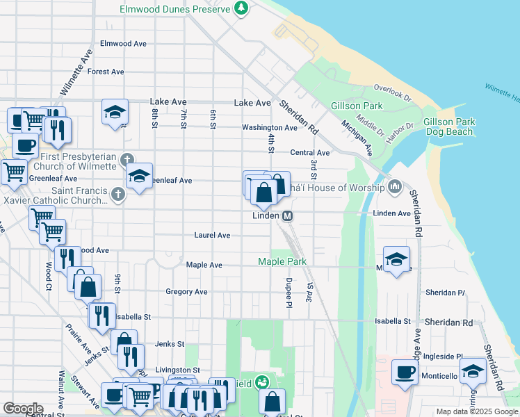 map of restaurants, bars, coffee shops, grocery stores, and more near 417 Linden Avenue in Wilmette