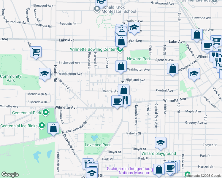 map of restaurants, bars, coffee shops, grocery stores, and more near 1935 Central Avenue in Wilmette