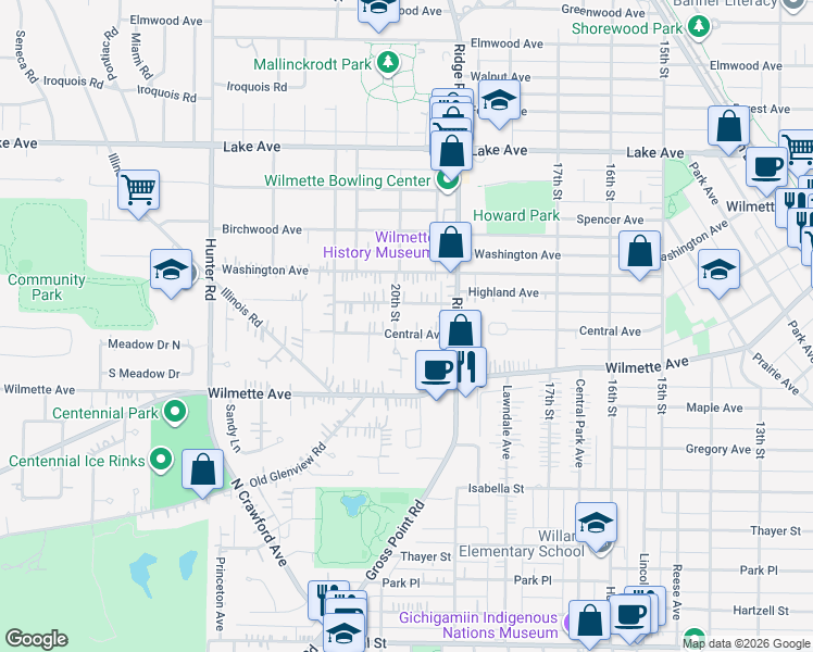 map of restaurants, bars, coffee shops, grocery stores, and more near 1935 Central Avenue in Wilmette