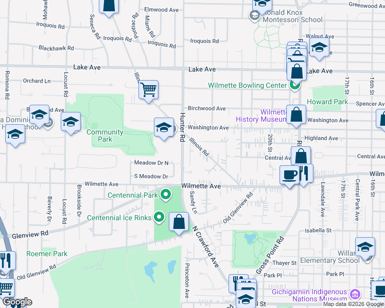 map of restaurants, bars, coffee shops, grocery stores, and more near 550 Hunter Road in Wilmette