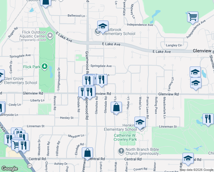 map of restaurants, bars, coffee shops, grocery stores, and more near 3060 Glenview Road in Glenview