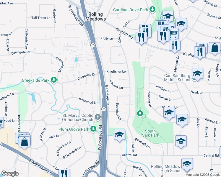 map of restaurants, bars, coffee shops, grocery stores, and more near 3510 East Frontage Road in Rolling Meadows