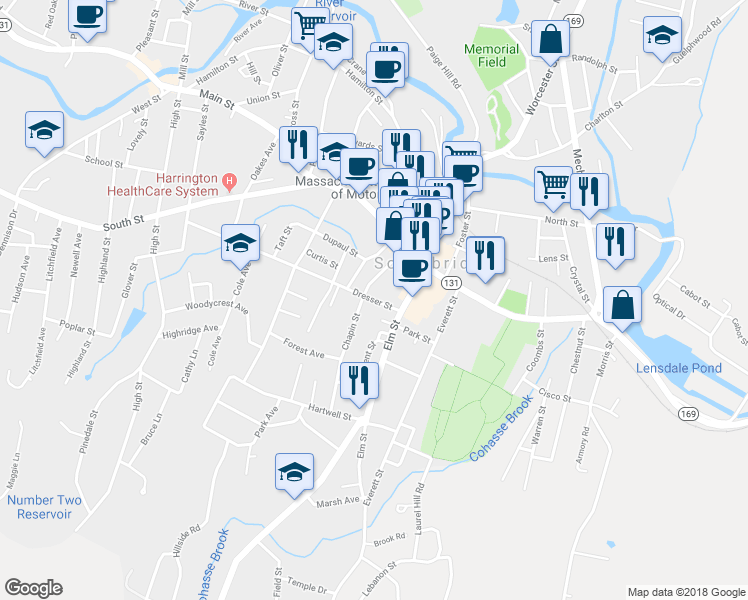 map of restaurants, bars, coffee shops, grocery stores, and more near 30 Dresser Street in Southbridge