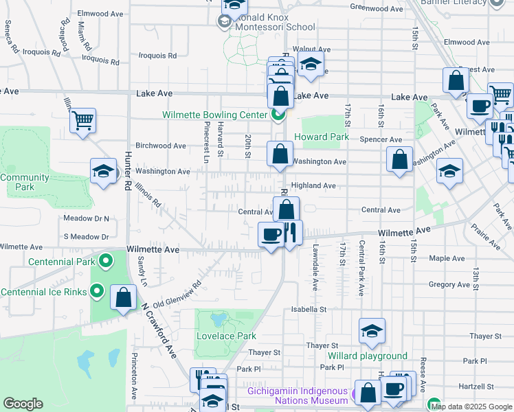 map of restaurants, bars, coffee shops, grocery stores, and more near 1935 Central Avenue in Wilmette
