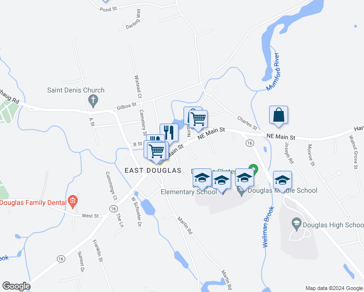map of restaurants, bars, coffee shops, grocery stores, and more near 355 Northeast Main Street in Douglas