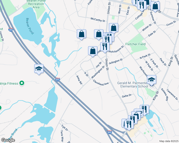 map of restaurants, bars, coffee shops, grocery stores, and more near 59 Washington Street in Franklin
