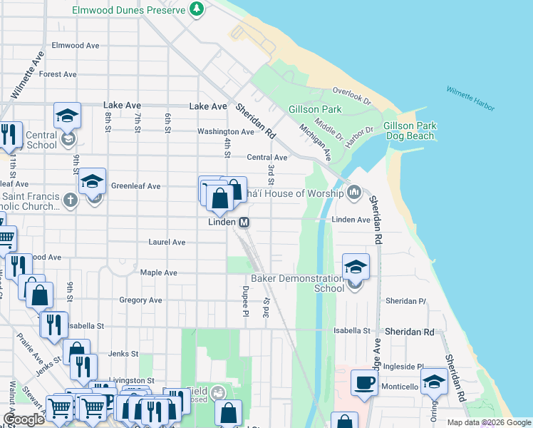 map of restaurants, bars, coffee shops, grocery stores, and more near 307 Linden Avenue in Wilmette