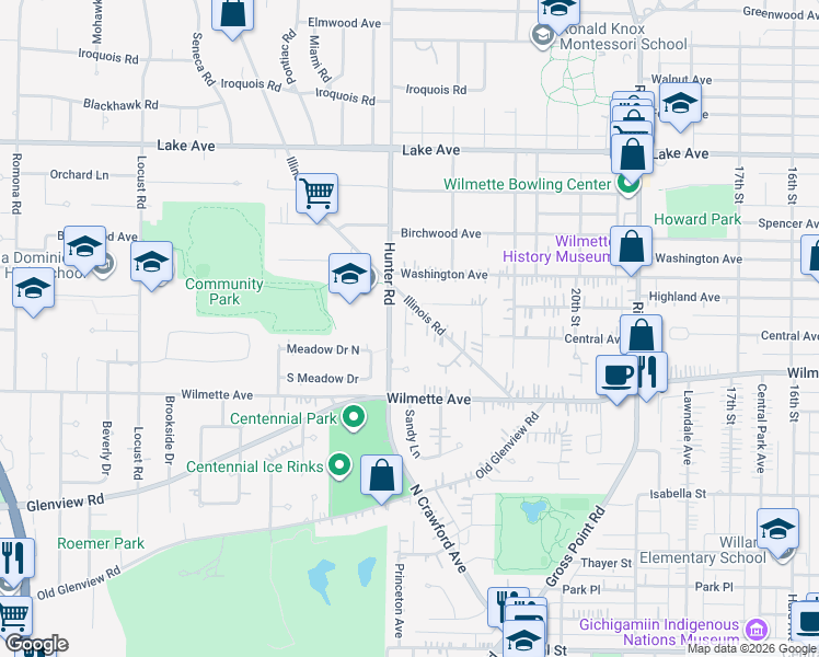 map of restaurants, bars, coffee shops, grocery stores, and more near 550 Hunter Road in Wilmette