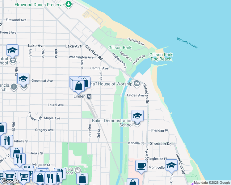 map of restaurants, bars, coffee shops, grocery stores, and more near 300 Linden Avenue in Wilmette