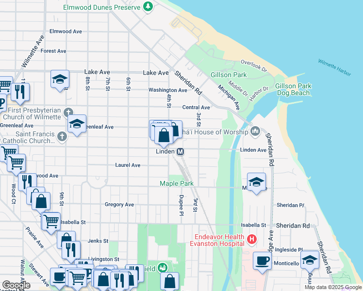 map of restaurants, bars, coffee shops, grocery stores, and more near in Wilmette