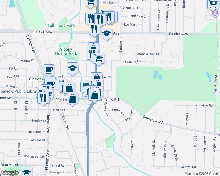 map of restaurants, bars, coffee shops, grocery stores, and more near 1019 Raleigh Road in Glenview