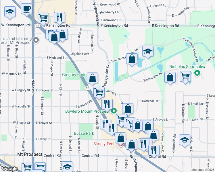 map of restaurants, bars, coffee shops, grocery stores, and more near 411 East Business Center Drive in Mount Prospect