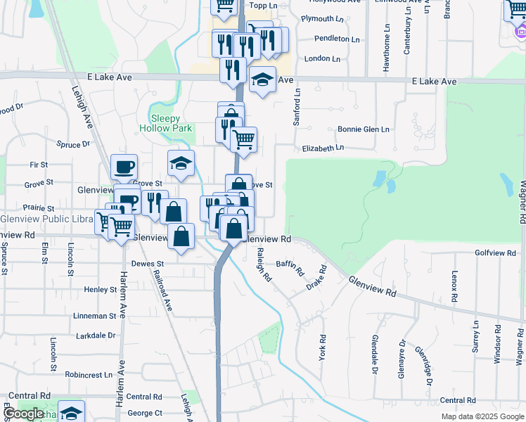 map of restaurants, bars, coffee shops, grocery stores, and more near 1019 Raleigh Road in Glenview