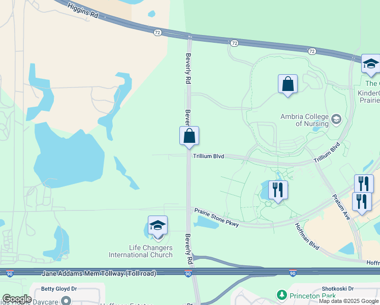 map of restaurants, bars, coffee shops, grocery stores, and more near 3333 Beverly Road in Hoffman Estates