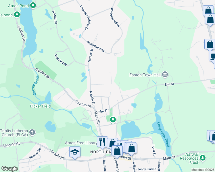 map of restaurants, bars, coffee shops, grocery stores, and more near 21 Holmes Street in Easton