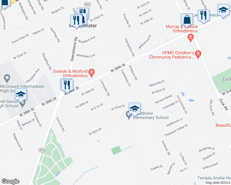 map of restaurants, bars, coffee shops, grocery stores, and more near 3169 West 40th Street in Erie