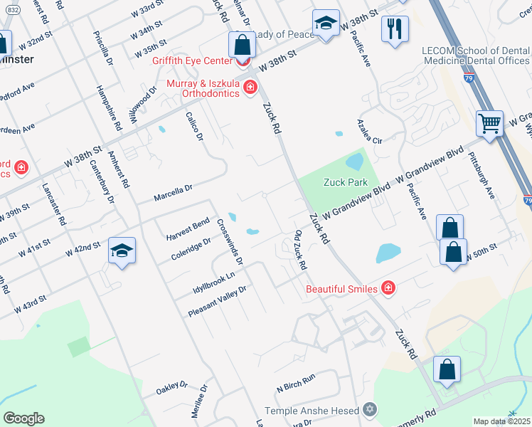 map of restaurants, bars, coffee shops, grocery stores, and more near 4536 Hammocks Drive in Erie