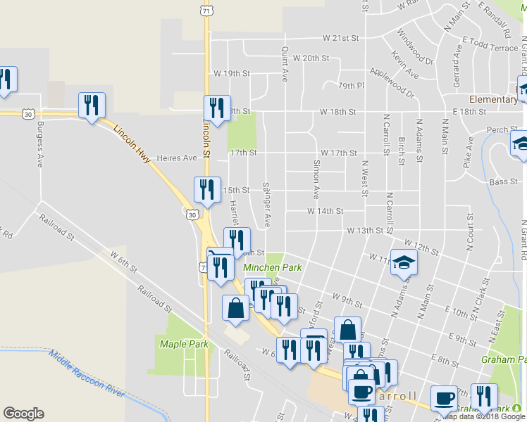 map of restaurants, bars, coffee shops, grocery stores, and more near 1321 Salinger Avenue in Carroll