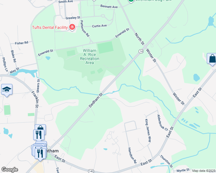 map of restaurants, bars, coffee shops, grocery stores, and more near 258 Dedham Street in Wrentham