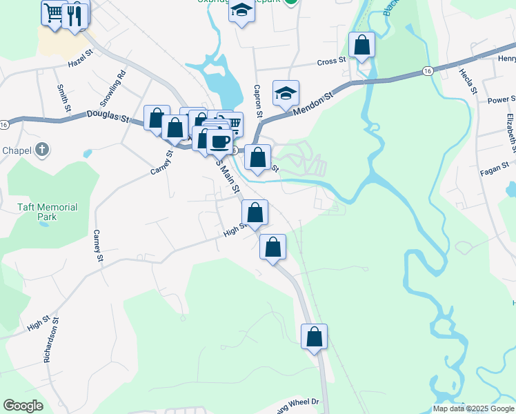 map of restaurants, bars, coffee shops, grocery stores, and more near 68 South Main Street in Uxbridge