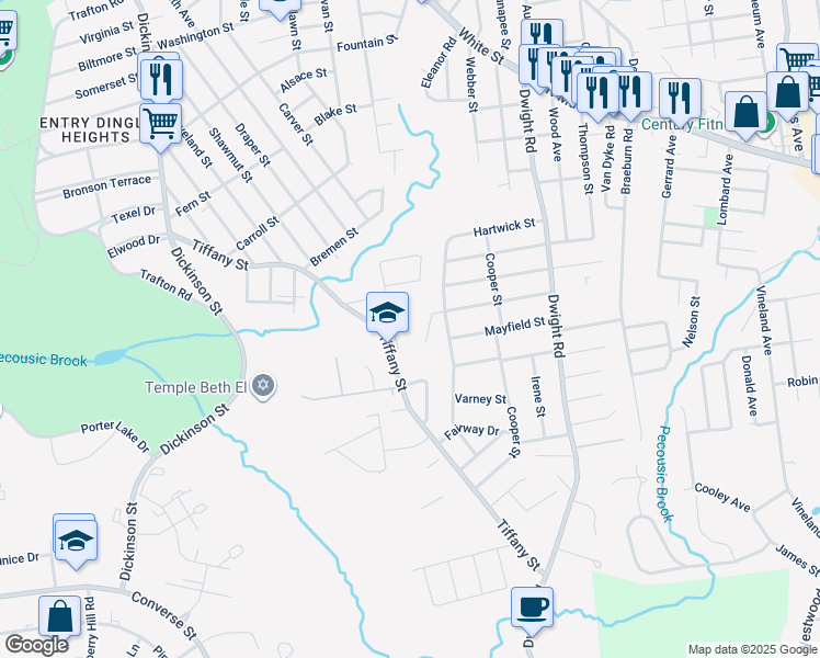 map of restaurants, bars, coffee shops, grocery stores, and more near 285 Tiffany St in Springfield