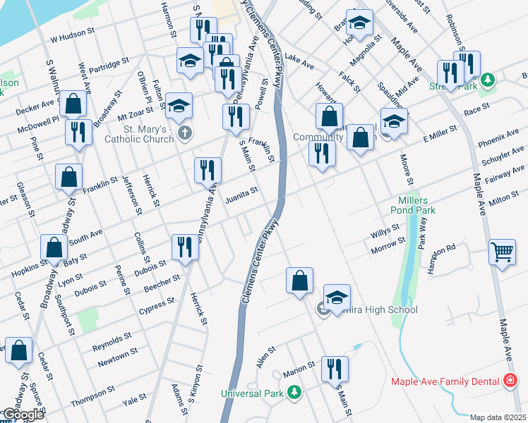 map of restaurants, bars, coffee shops, grocery stores, and more near 209 West Miller Street in Elmira