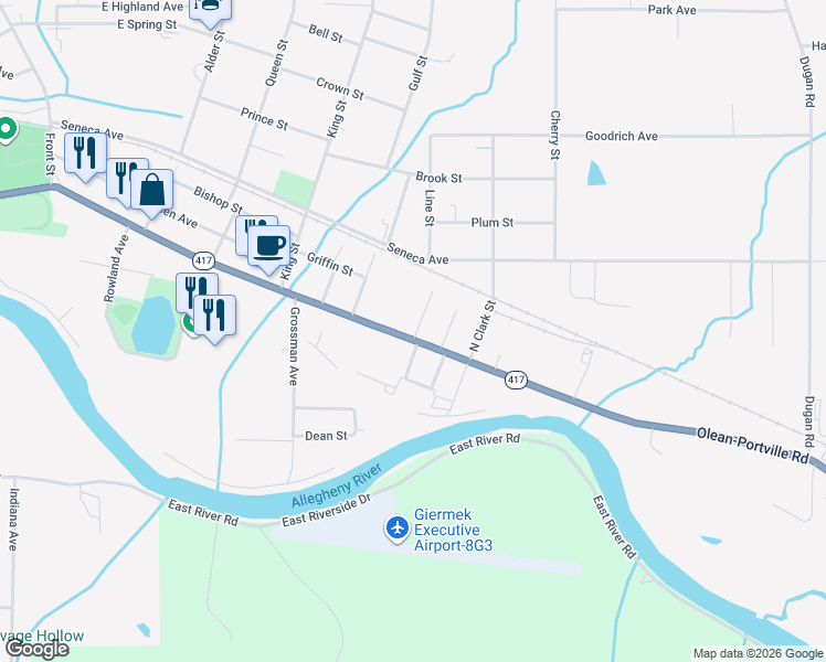 map of restaurants, bars, coffee shops, grocery stores, and more near 1160 East State Street in Olean