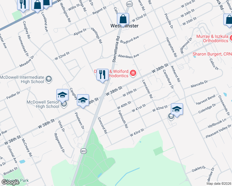 map of restaurants, bars, coffee shops, grocery stores, and more near 3350 W 39th St in Erie