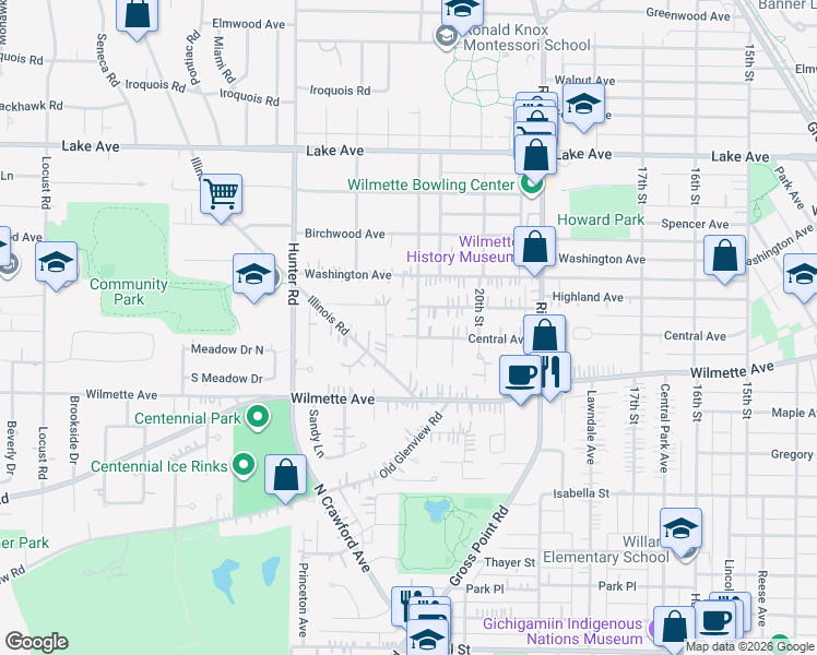 map of restaurants, bars, coffee shops, grocery stores, and more near 445 Pinecrest Lane in Wilmette