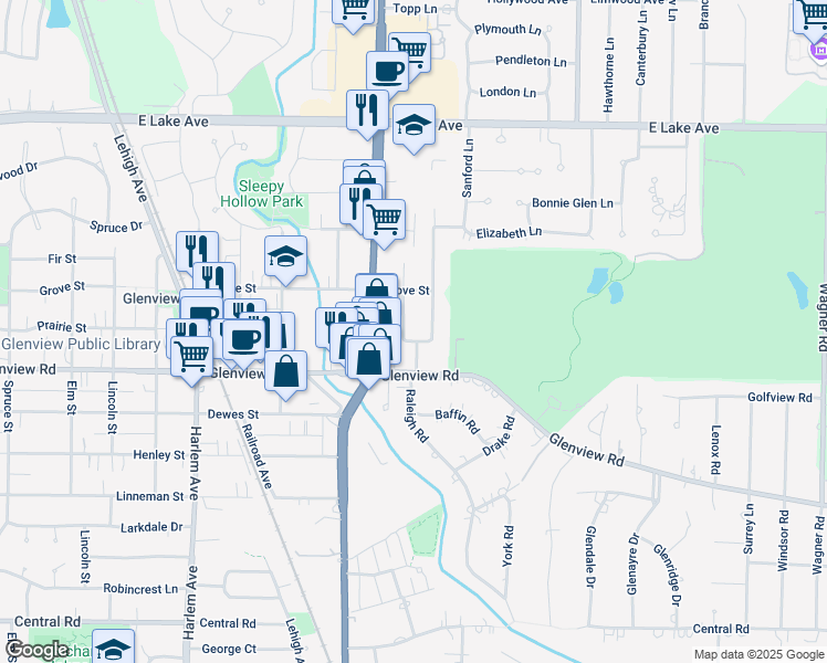 map of restaurants, bars, coffee shops, grocery stores, and more near 1019 Raleigh Road in Glenview